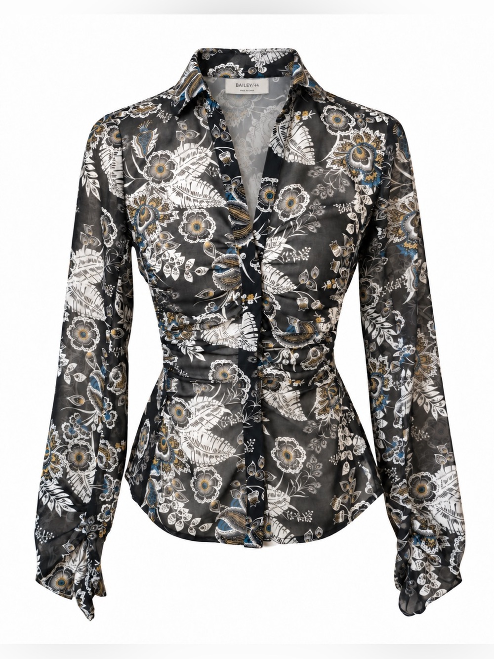 Bailey/44 Black Floral Print Mesh Blouse Ruched Button Front Y2K Fairy Size 4
